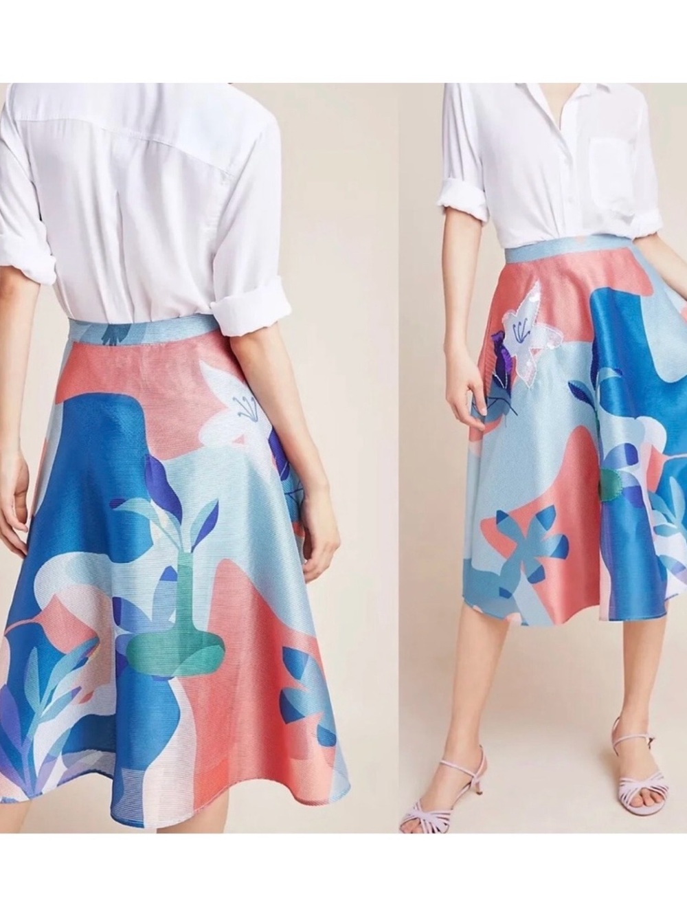 Anthropologie Coral, Sky & Navy Abstract Circle Skirt